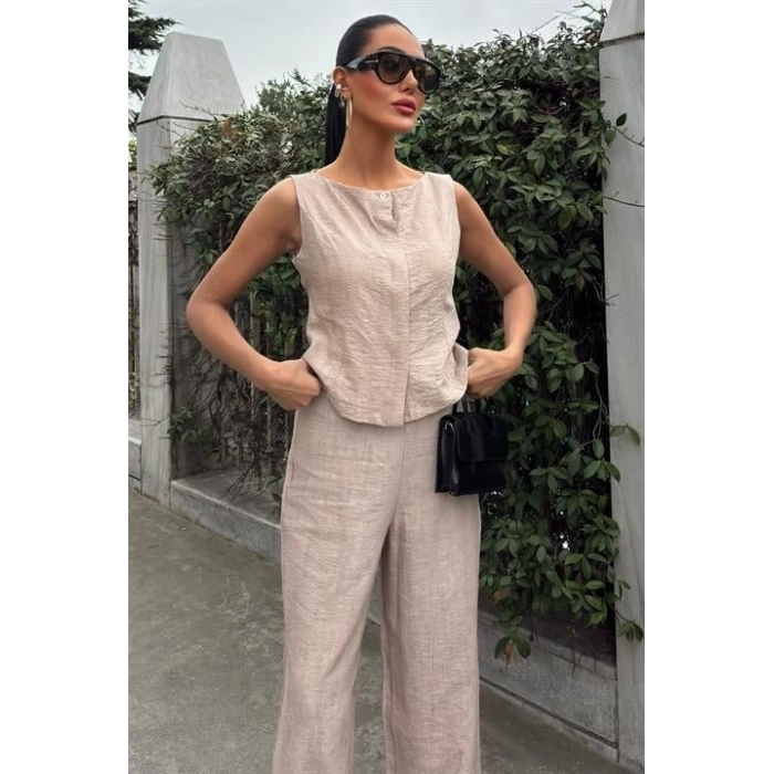 Sıfır Kollu Bluz Batik Desenli Pantolon İkili Takım 10181-08