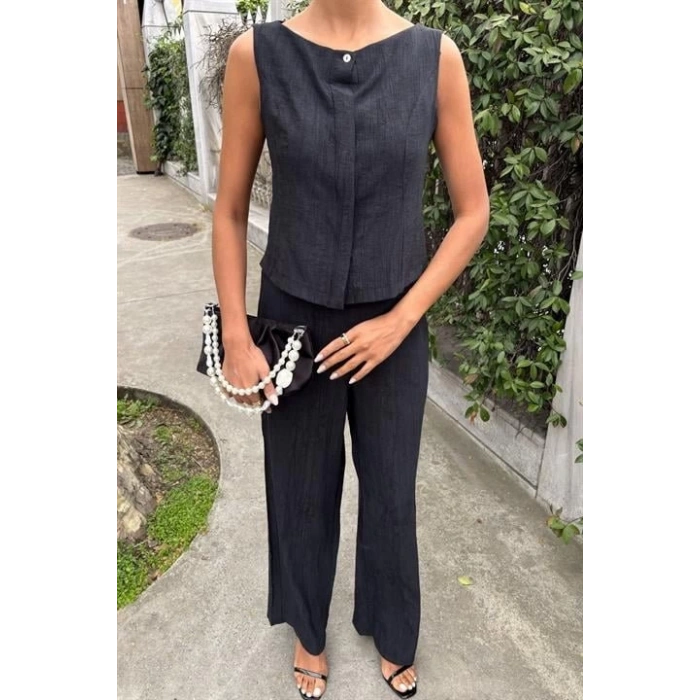 Sıfır Kollu Bluz Batik Desenli Pantolon İkili Takım 10181-08