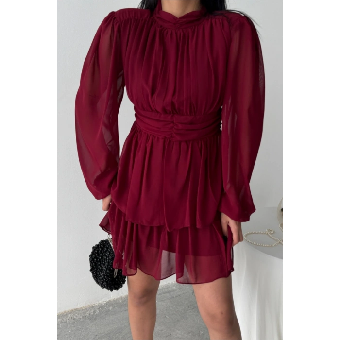 ŞİFON KATLI UZUN KOL ELBİSE - Bordo