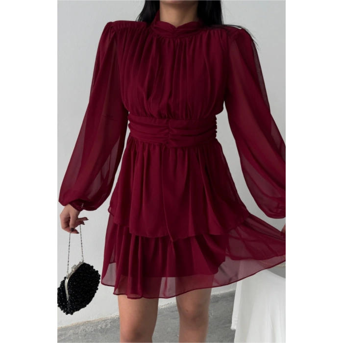 ŞİFON KATLI UZUN KOL ELBİSE - Bordo