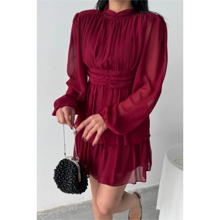 ŞİFON KATLI UZUN KOL ELBİSE - Bordo