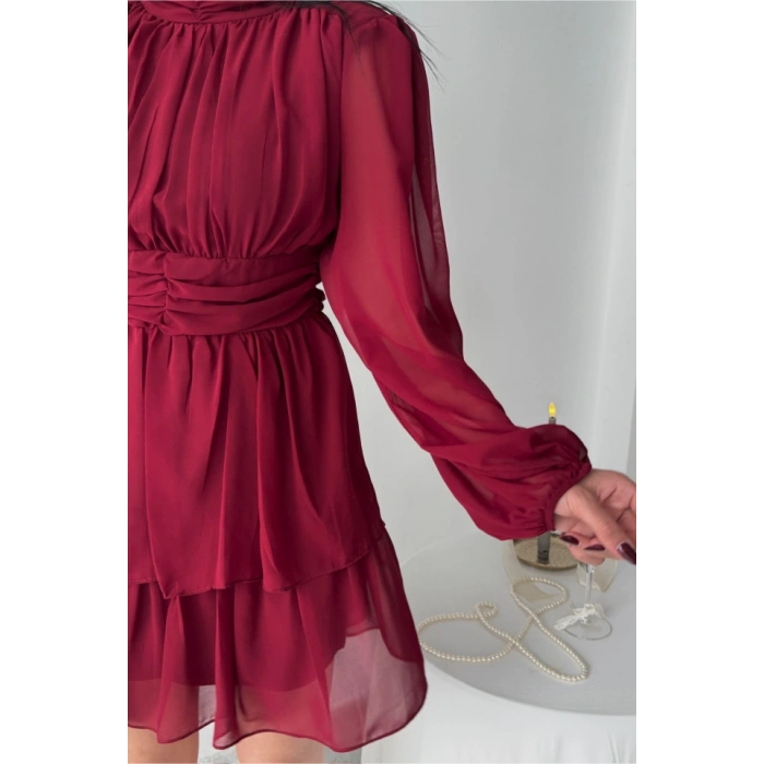ŞİFON KATLI UZUN KOL ELBİSE - Bordo