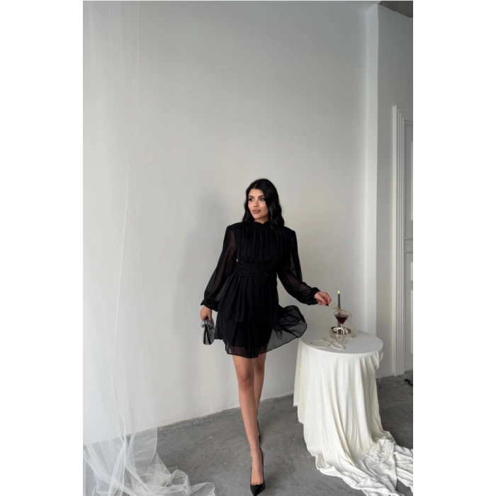 ŞİFON KATLI UZUN KOL ELBİSE - Siyah