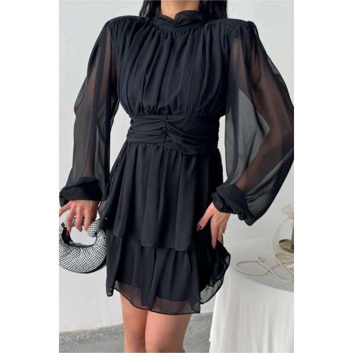 ŞİFON KATLI UZUN KOL ELBİSE - Siyah