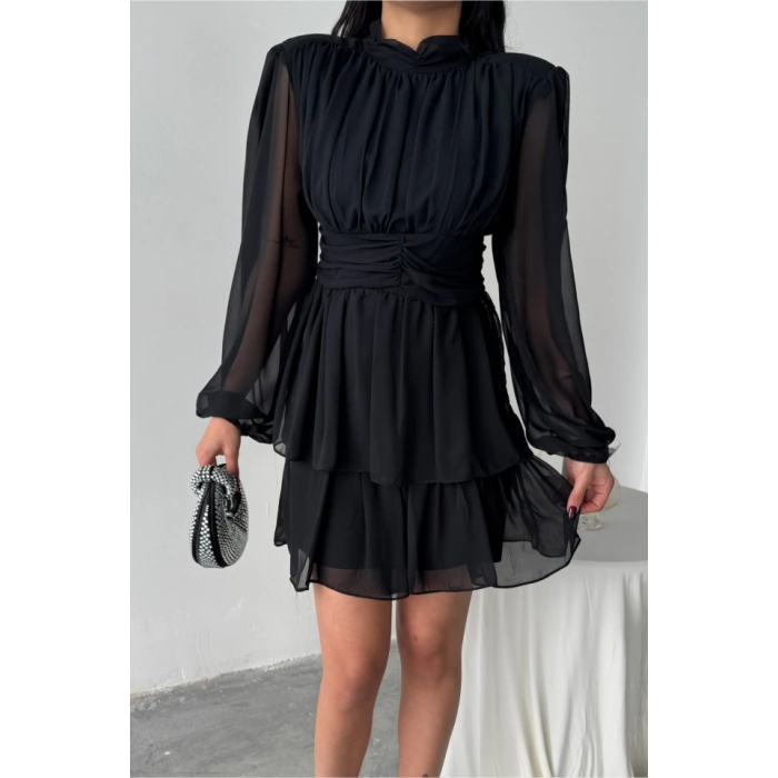 ŞİFON KATLI UZUN KOL ELBİSE - Siyah