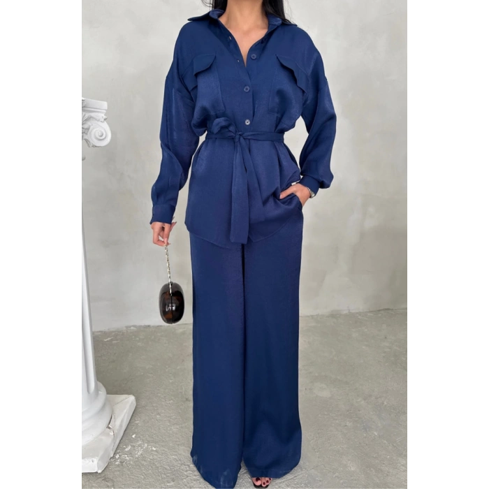 SİMLİ KUMAŞ SALAŞ PANTOLON - GÖMLEK TAKIM - Lacivert