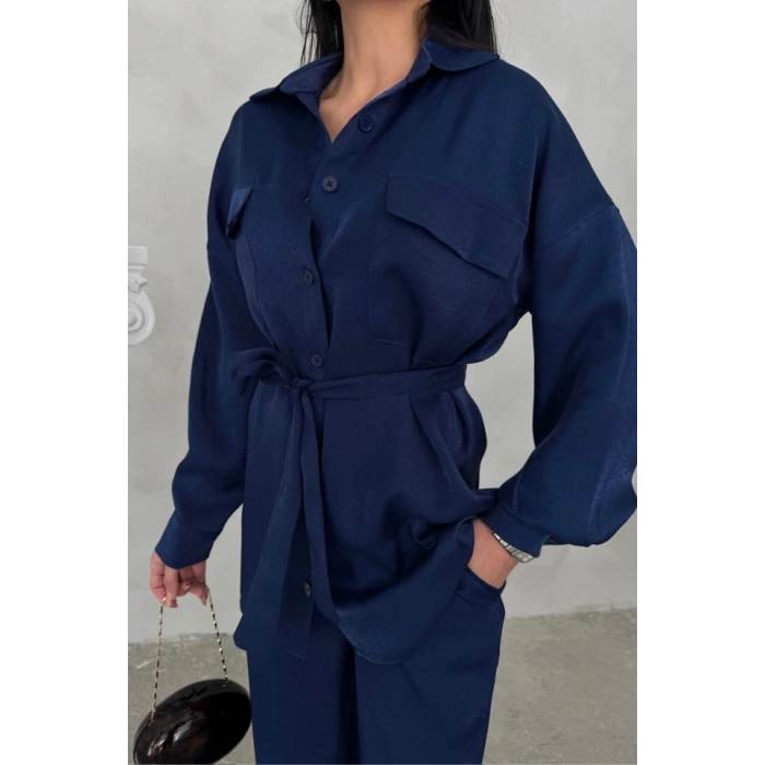 SİMLİ KUMAŞ SALAŞ PANTOLON - GÖMLEK TAKIM - Lacivert