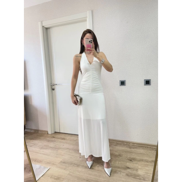 Sırt Dekolteli Uzun Kollu Elbise - Beyaz