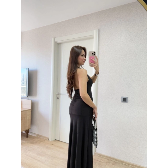 Sırt Dekolteli Uzun Kollu Elbise - Siyah