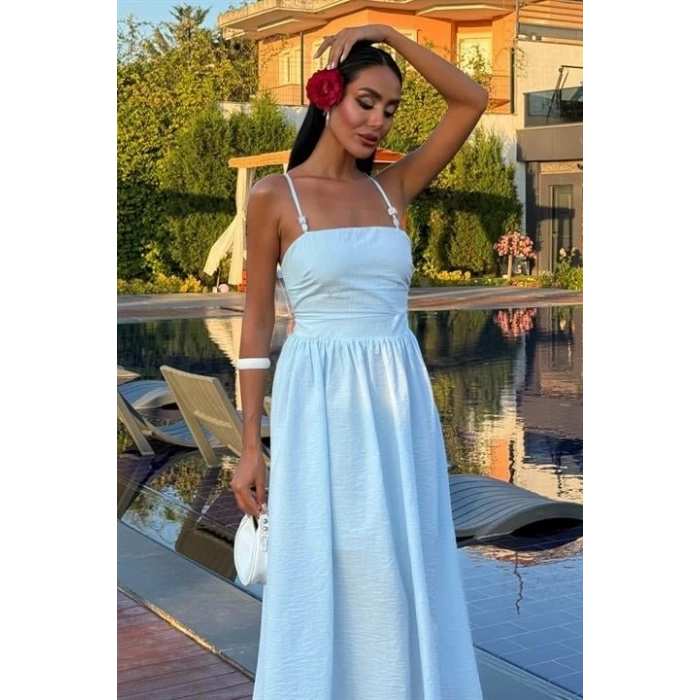 Sırtı Çapraz İpli Boncuk Detaylı Elbise 2902-08