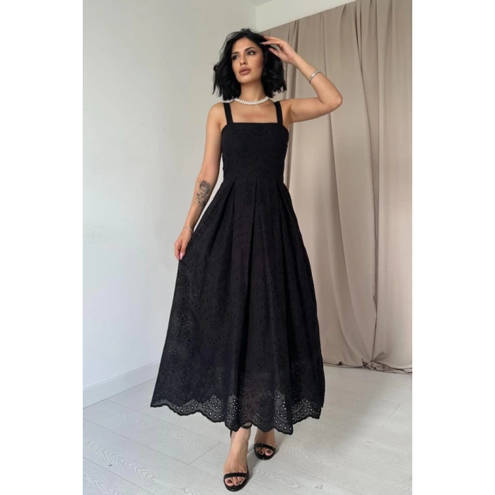 Siyah Askılı Aparatlı Brode Elbise
