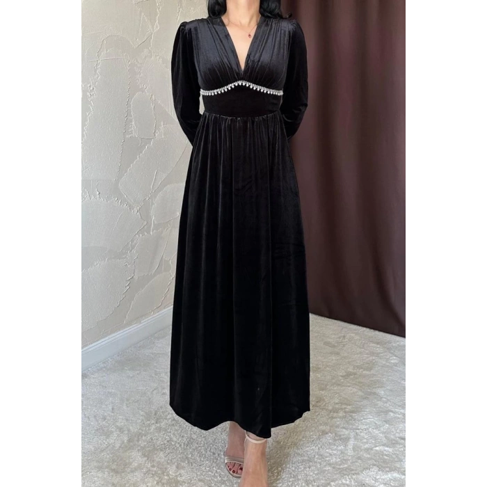 Siyah Göğüs Altı Taşlı Elbise