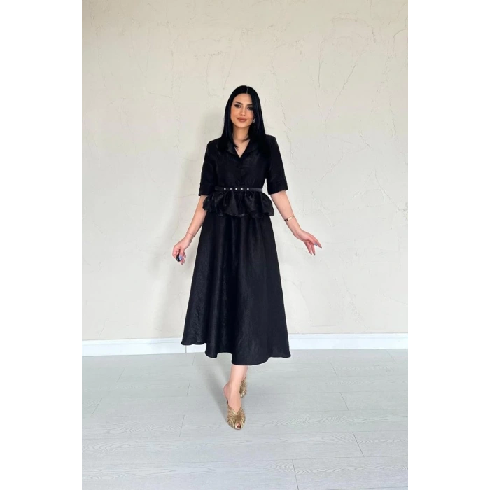 Siyah İnce Kemerli Fırfırlı Ceket Ve Büzgülü Etek Takım