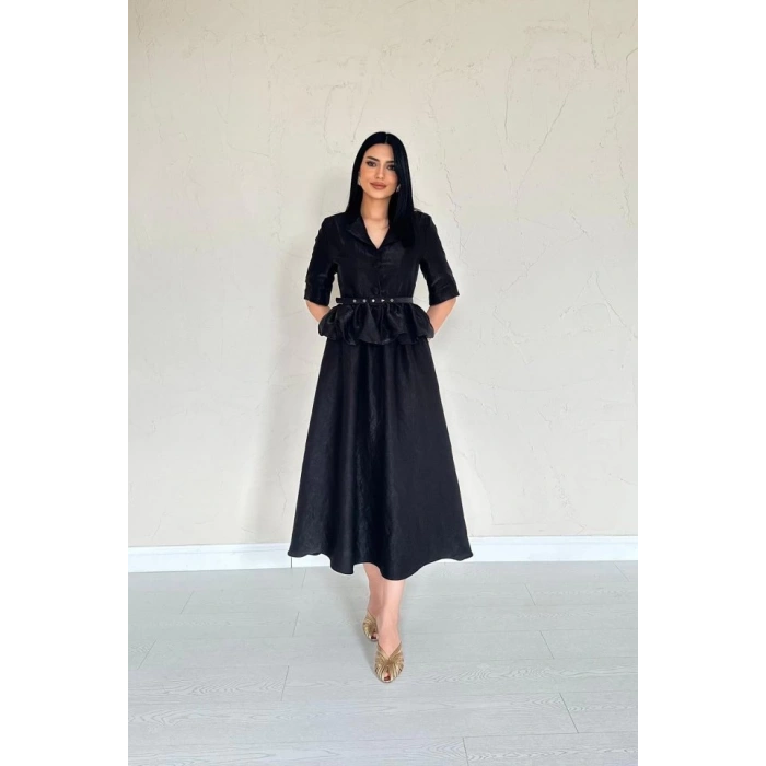 Siyah İnce Kemerli Fırfırlı Ceket Ve Büzgülü Etek Takım