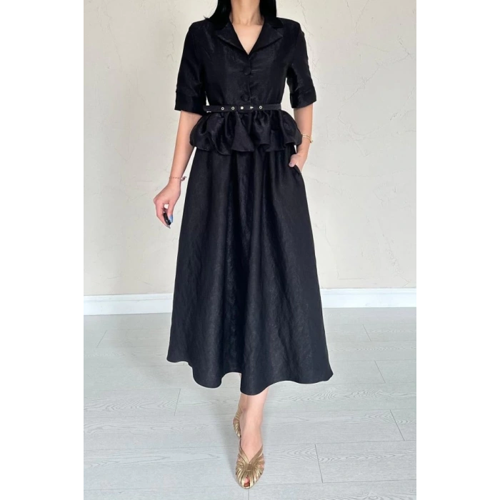 Siyah İnce Kemerli Fırfırlı Ceket Ve Büzgülü Etek Takım