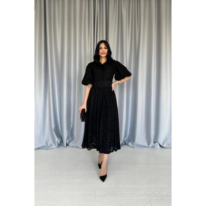 Siyah Kemerli Balon Kollu Elbise