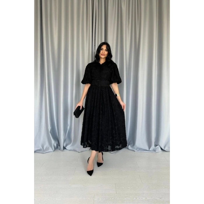 Siyah Kemerli Balon Kollu Elbise
