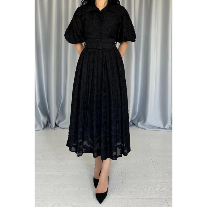 Siyah Kemerli Balon Kollu Elbise