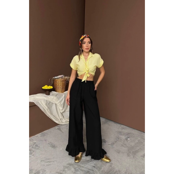 Siyah Paçası Fırfırlı Keten Pantolon