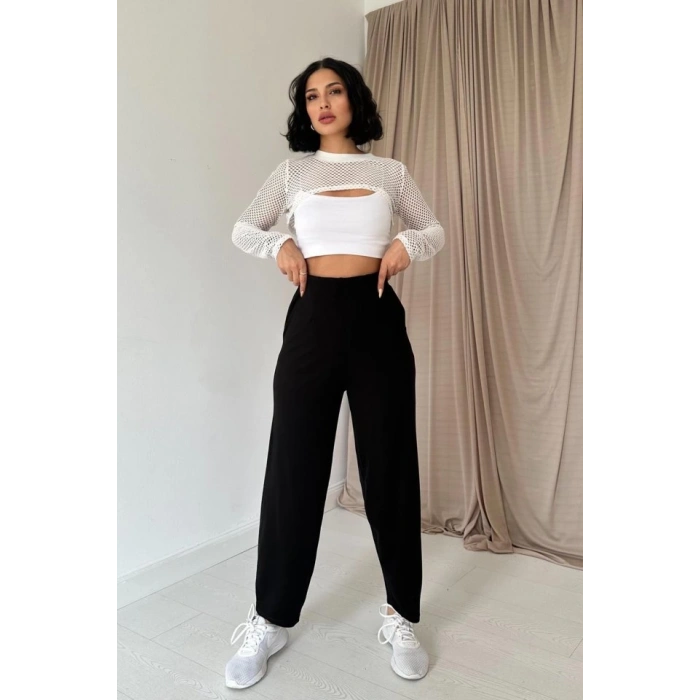 Siyah Pensli Lastik Detaylı Pantolon