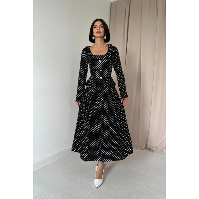 Siyah Puantiye Desenli Volanlı Elbise