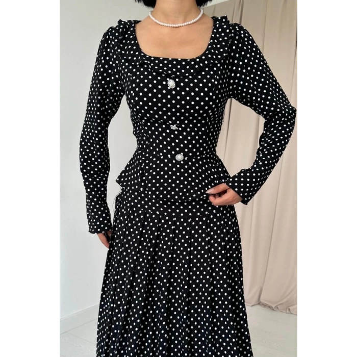 Siyah Puantiye Desenli Volanlı Elbise