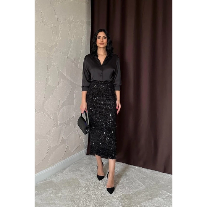 Siyah Pulpayetli Parlak Etek