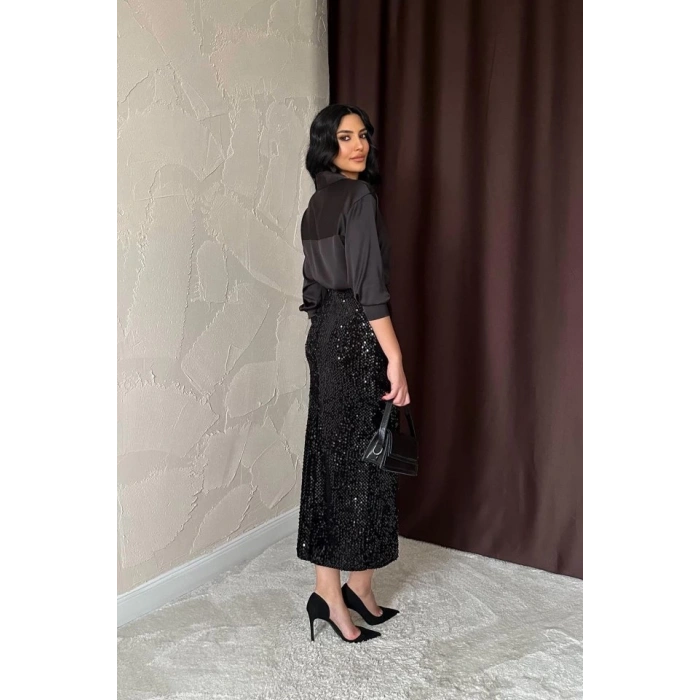 Siyah Pulpayetli Parlak Etek