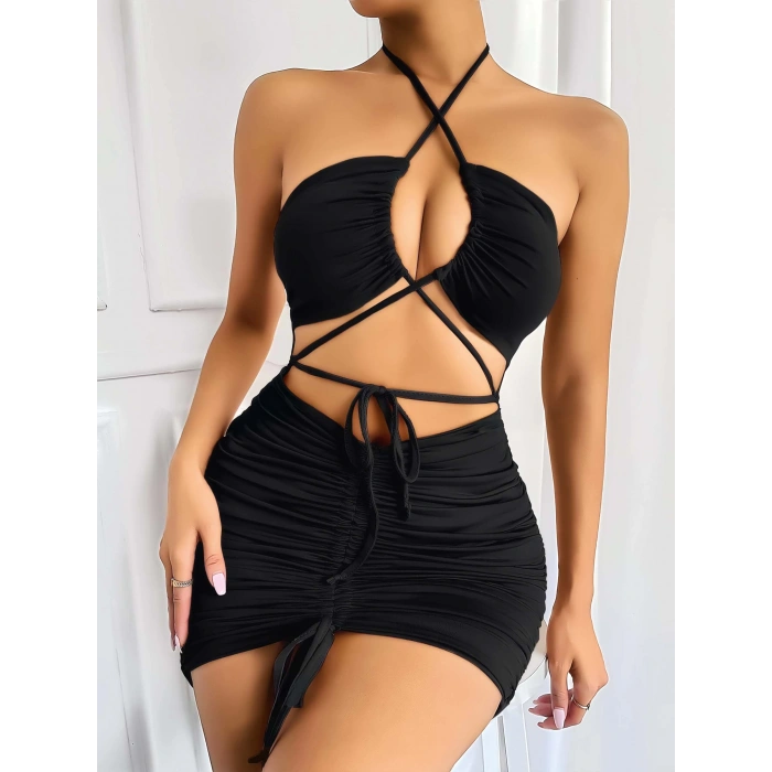 Kadın Kırmızı Fantezi Elbise Önden Büzgü Dekolteli 5082