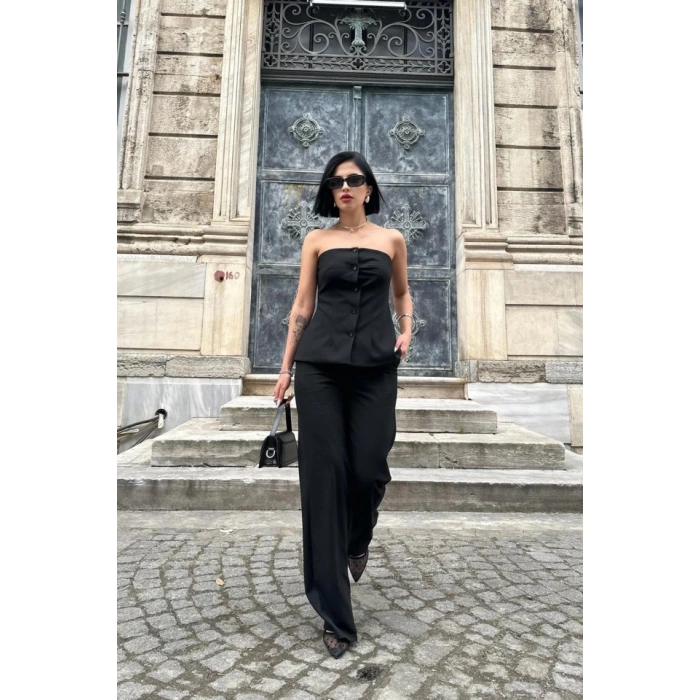 Siyah Straplez Düğmeli Crop Ve Pantolon Takım