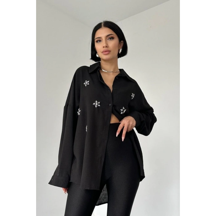 Siyah Taş İşlemeli Gömlek