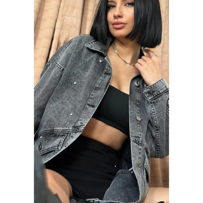 Siyah Taşlı Kot Ceket