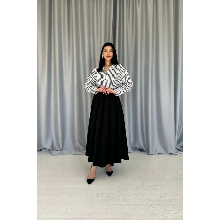 Siyah Uzun Pileli Etek