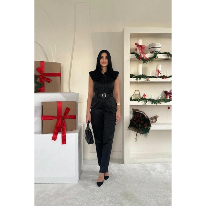 Siyah Vatkalı Kemerli Tulum