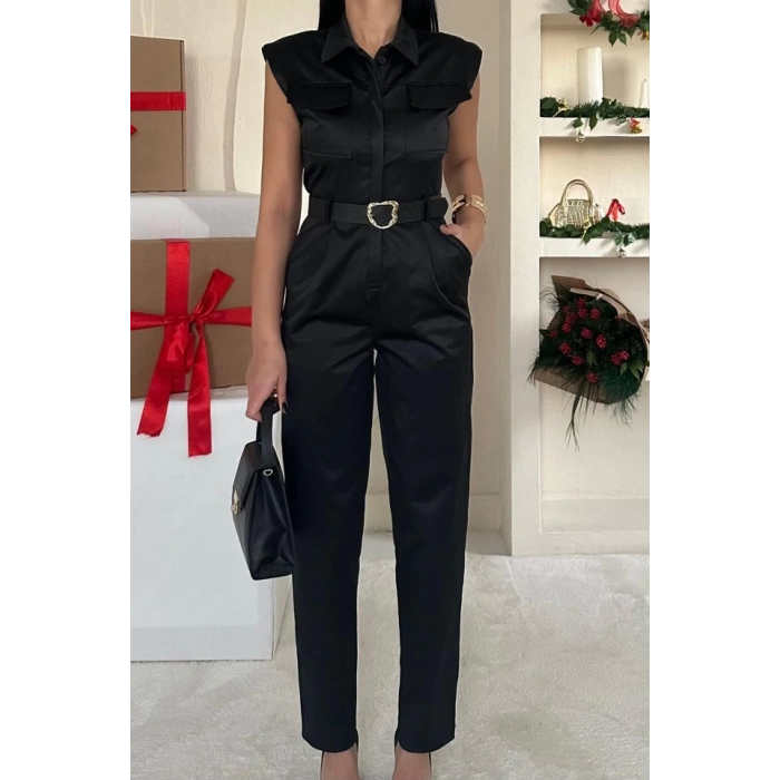 Siyah Vatkalı Kemerli Tulum