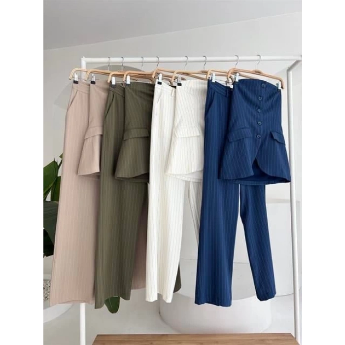 Straplez Büstiyerli Plazzo Pantolonlu Çizgili Takım 10151