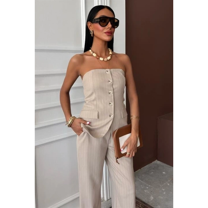 Straplez Büstiyerli Plazzo Pantolonlu Çizgili Takım 10151