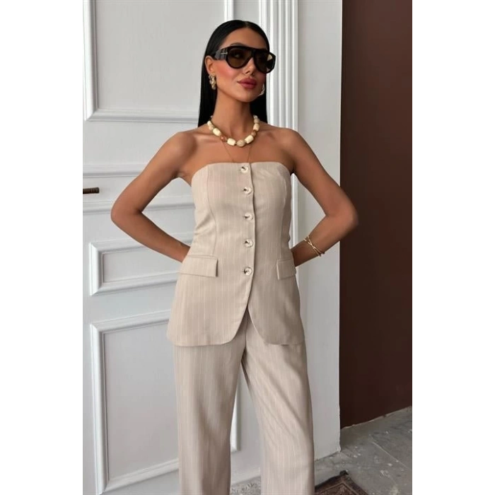 Straplez Büstiyerli Plazzo Pantolonlu Çizgili Takım 10151