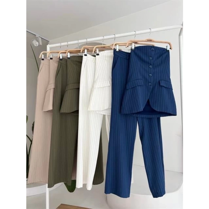 Straplez Büstiyerli Plazzo Pantolonlu Çizgili Takım 10151