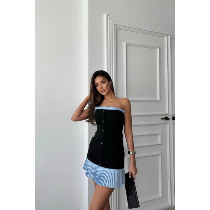 STRAPLEZ POLVİSKON ELBİSE MAVİ FIRFIR DETAYLI - Siyah