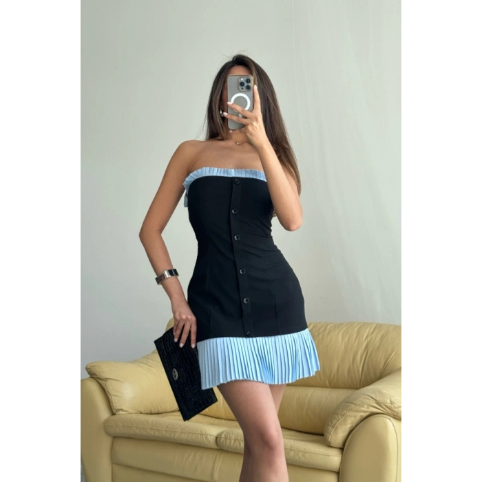 STRAPLEZ POLVİSKON ELBİSE MAVİ FIRFIR DETAYLI - Siyah