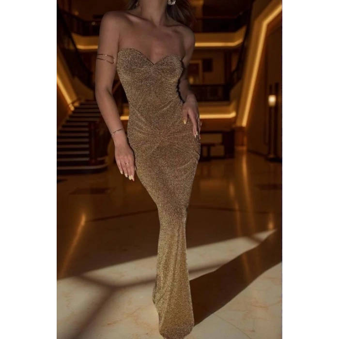 Straplez Simli Uzun Elbise