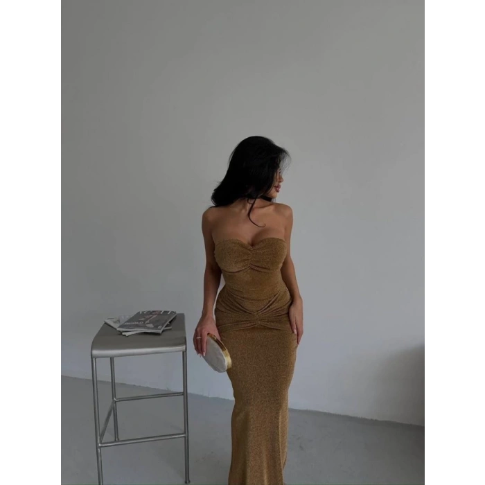 Straplez Simli Uzun Elbise