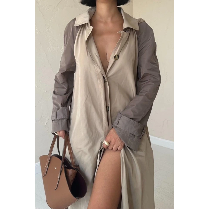 Taba Kapüşonlu Uzun Trençkot