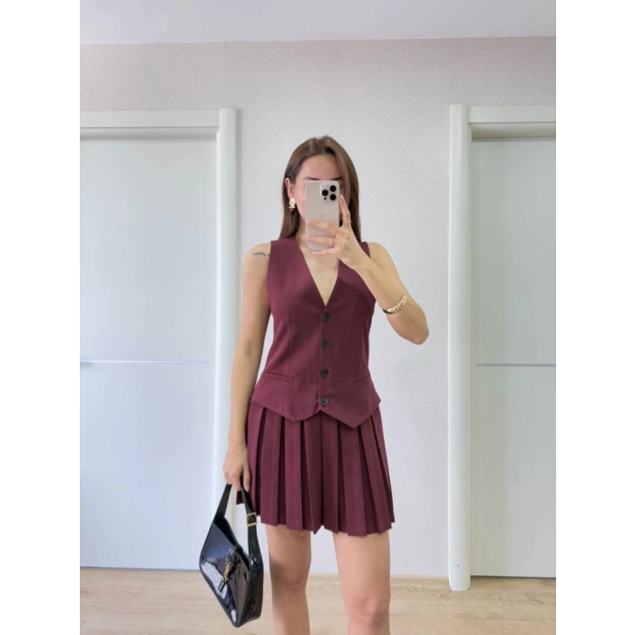 Takım Görünümlu Yelekli Mini Elbise- Bordo