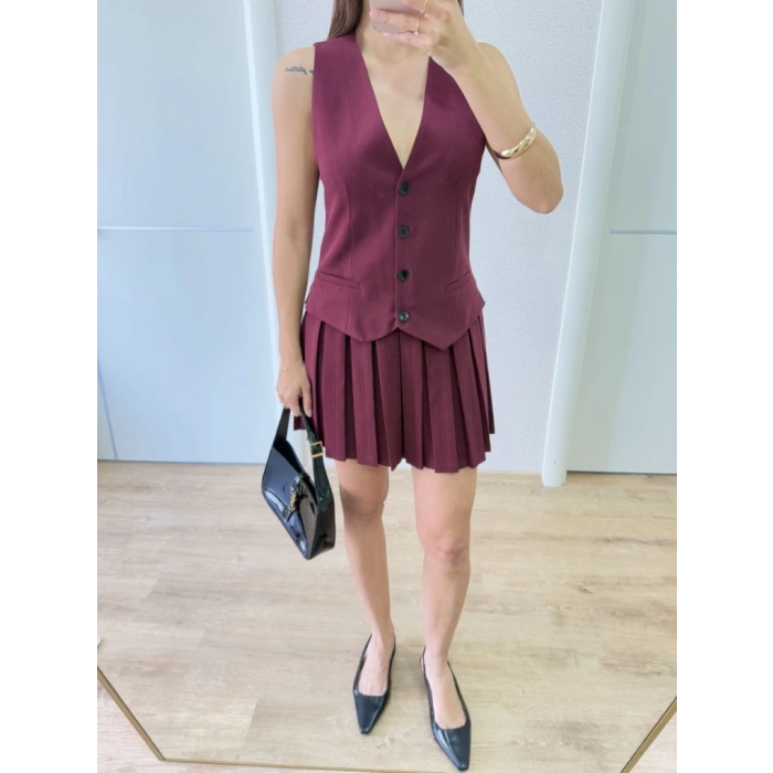 Takım Görünümlu Yelekli Mini Elbise- Bordo