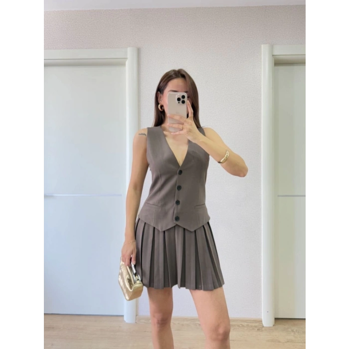 Takım Görünümlu Yelekli Mini Elbise- Füme