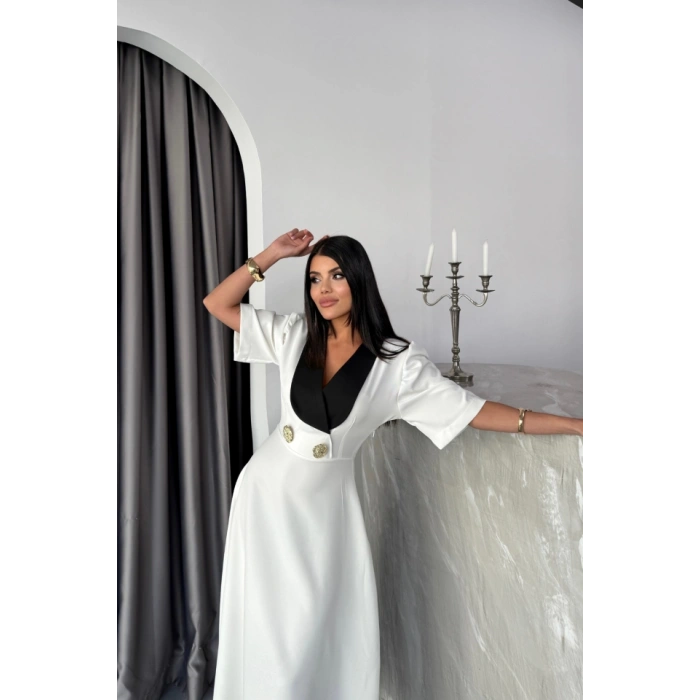 TASARIM ELBİSE CEKET YAKA GOLD DÜĞME DETAYLI KISA KOL - Beyaz