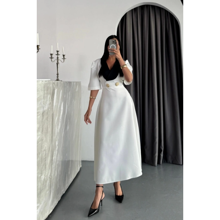 TASARIM ELBİSE CEKET YAKA GOLD DÜĞME DETAYLI KISA KOL - Beyaz