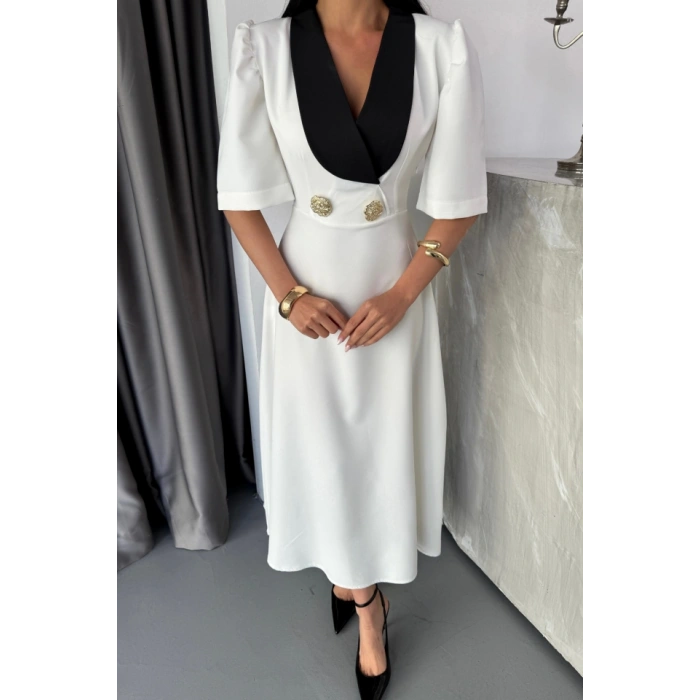 TASARIM ELBİSE CEKET YAKA GOLD DÜĞME DETAYLI KISA KOL - Beyaz